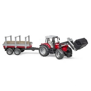 JUC Tractor Massey Ferguson 7480 cu încărcător frontal și remorcă de transport lemn