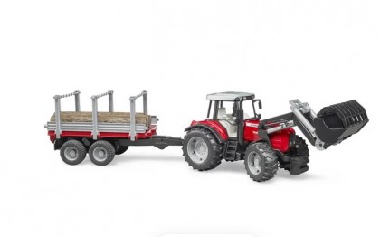 Tractor Massey Ferguson 7480 cu încărcător frontal și remorcă de transport lemn