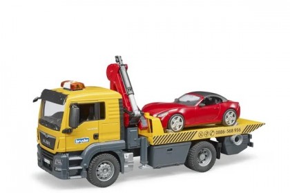 Camion MAN TGS cu platformă, macara și mașină Roadster Bruder