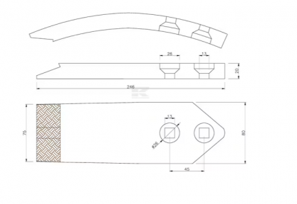 H2212540CN Brăzdar cultivator 246x80x20mm întărit curbat 2 orificii potrivit pentru Kuhn