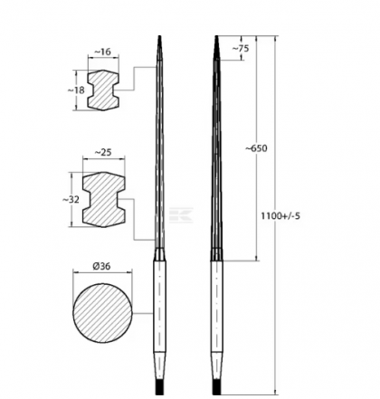 FT3S Dinți încărcător frontal L-1100, Ø 36, M22 x 1,5