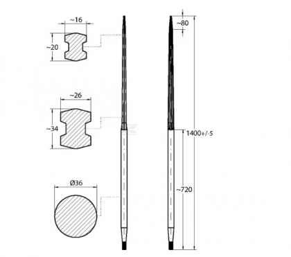 FT4S Dinți încărcător frontal L-1400, Ø 36, M22 x 1,5