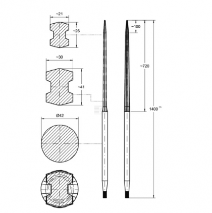 FT5S Dinte încărcător drept secțiune dublă T 42x1400mm vârf ascuțit cu piuliță M28x1,5 negru SHW
