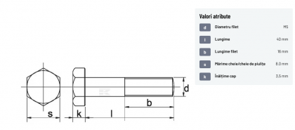 931540 Șurub cap hexagonal filet parțial DIN931 M5x0,8x40mm filet 16mm oțel zincat grupa 8.8 Kramp