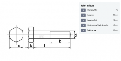 931555 Șurub cap hexagonal filet parțial DIN931 M5x0,8x55mm filet 16mm oțel zincat grupa 8.8 Kramp