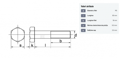 931580 Șurub cap hexagonal filet parțial DIN931 M5x0,8x80mm filet 16mm oțel zincat grupa 8.8 Kramp