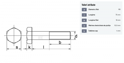 931675 Șurub cap hexagonal filet parțial DIN931 M6x1x75mm filet 18mm oțel zincat grupa 8.8 Kramp