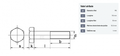 9316110 Șurub cap hexagonal filet parțial DIN931 M6x1x110mm filet 18mm oțel zincat grupa 8.8 Kramp