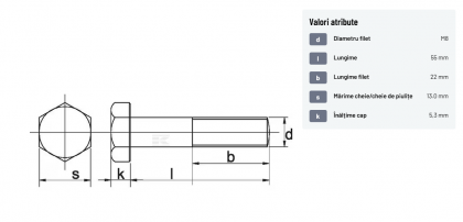 931855 Șurub cap hexagonal filet parțial DIN931 M8x1,25x55mm filet 22mm oțel zincat grupa 8.8 Kramp