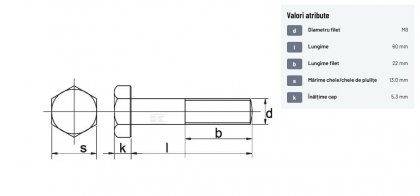 931860 Șurub cap hexagonal filet parțial DIN931 M8x1,25x60mm filet 22mm oțel zincat grupa 8.8 Kramp