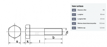 931885 Șurub cap hexagonal filet parțial DIN931 M8x1,25x85mm filet 22mm oțel zincat grupa 8.8 Kramp
