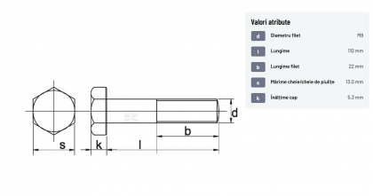 9318110 Șurub cap hexagonal filet parțial DIN931 M8x1,25x110mm filet 22mm oțel zincat grupa 8.8 Kramp