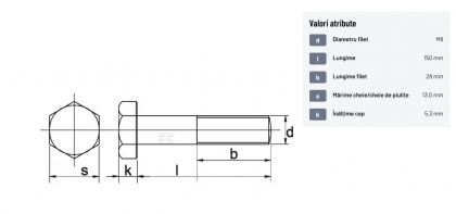 9318150 Șurub cap hexagonal filet parțial DIN931 M8x1,25x150mm filet 28mm oțel zincat grupa 8.8 Kramp