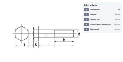 9318180 Șurub cap hexagonal filet parțial DIN931 M8x1,25x180mm filet 28mm oțel zincat grupa 8.8 Kramp
