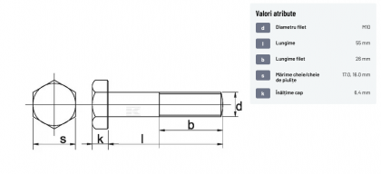 9311055 Șurub cap hexagonal filet parțial DIN931 M10x1,5x55mm filet 26mm oțel zincat grupa 8.8 Kramp