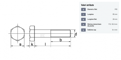 9311065 Șurub cap hexagonal filet parțial DIN931 M10x1,5x65mm filet 26mm oțel zincat grupa 8.8 Kramp