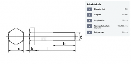 93110110 Șurub cap hexagonal filet parțial DIN931 M10x1,5x110mm filet 26mm oțel zincat grupa 8.8 Kramp