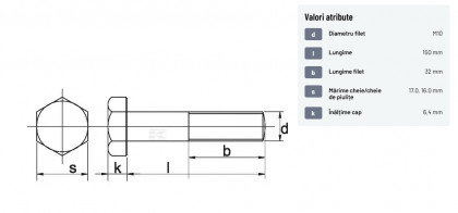 93110150 Șurub cap hexagonal filet parțial DIN931 M10x1,5x150mm filet 32mm oțel zincat grupa 8.8 Kramp