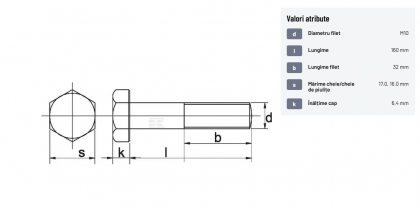 93110160 Șurub cap hexagonal filet parțial DIN931 M10x1,5x160mm filet 32mm oțel zincat grupa 8.8 Kramp