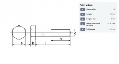 93110180 Șurub cap hexagonal filet parțial DIN931 M10x1,5x180mm filet 32mm oțel zincat grupa 8.8 Kramp