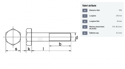 93110210 Șurub cap hexagonal filet parțial DIN931 M10x1,5x210mm filet 45mm oțel zincat grupa 8.8 Kramp