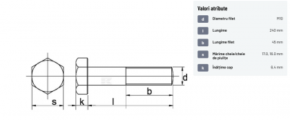 93110240 Șurub cap hexagonal filet parțial DIN931 M10x1,5x240mm filet 45mm oțel zincat grupa 8.8 Kramp