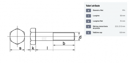 9311450 Șurub cap hexagonal filet parțial DIN931 M14x2x50mm filet 34mm oțel zincat grupa 8.8 Kramp