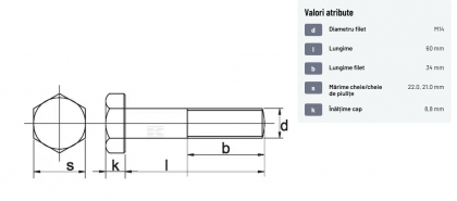 9311460 Șurub cap hexagonal filet parțial DIN931 M14x2x60mm filet 34mm oțel zincat grupa 8.8 Kramp