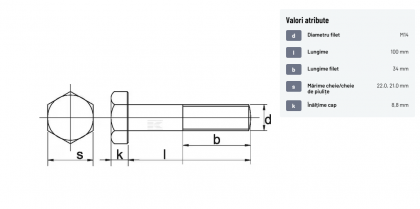 93114100 Șurub cap hexagonal filet parțial DIN931 M14x2x100mm filet 34mm oțel zincat grupa 8.8 Kramp