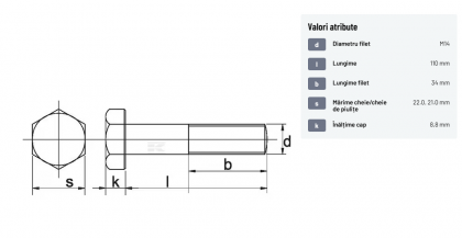 93114110 Șurub cap hexagonal filet parțial DIN931 M14x2x110mm filet 34mm oțel zincat grupa 8.8 Kramp