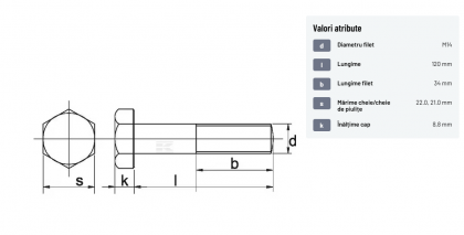 93114120 Șurub cap hexagonal filet parțial DIN931 M14x2x120mm filet 34mm oțel zincat grupa 8.8 Kramp
