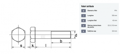 93114130 Șurub cap hexagonal filet parțial DIN931 M14x2x130mm filet 40mm oțel zincat grupa 8.8 Kramp