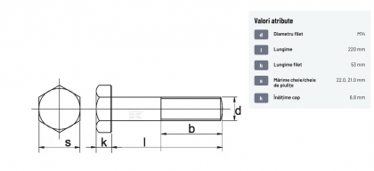 93114220 Șurub cap hexagonal filet parțial DIN931 M14x2x220mm filet 53mm oțel zincat grupa 8.8 Kramp