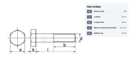 9311670 Șurub cap hexagonal filet parțial DIN931 M16x2x70mm filet 38mm oțel zincat grupa 8.8 Kramp