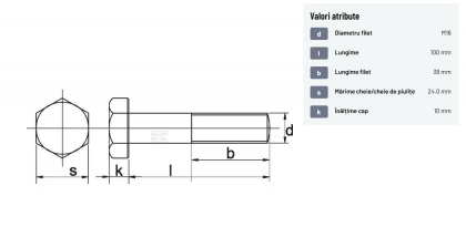 93116100 Șurub cap hexagonal filet parțial DIN931 M16x2x100mm filet 38mm oțel zincat grupa 8.8 Kramp