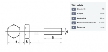 93116115 Șurub cap hexagonal filet parțial DIN931 M16x2x115mm filet 38mm oțel zincat grupa 8.8 Kramp