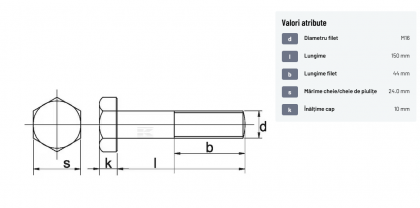 93116150 Șurub cap hexagonal filet parțial DIN931 M16x2x150mm filet 44mm oțel zincat grupa 8.8 Kramp