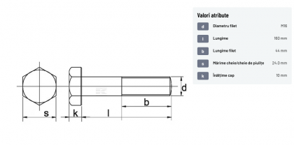 93116160 Șurub cap hexagonal filet parțial DIN931 M16x2x160mm filet 44mm oțel zincat grupa 8.8 Kramp