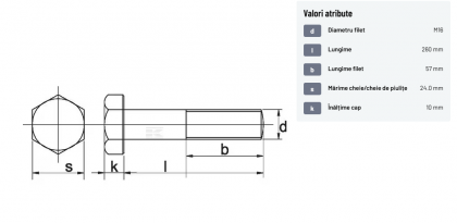 93116260 Șurub cap hexagonal filet parțial DIN931 M16x2x260mm filet 57mm oțel zincat grupa 8.8 Kramp