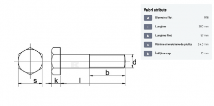 93116280 Șurub cap hexagonal filet parțial DIN931 M16x2x280mm filet 57mm oțel zincat grupa 8.8 Kramp