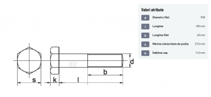 93118130 Șurub cap hexagonal filet parțial DIN931 M18x2,5x130mm filet 48mm oțel zincat grupa 8.8 Kramp