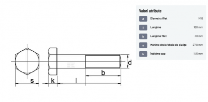 93118160 Șurub cap hexagonal filet parțial DIN931 M18x2,5x160mm filet 48mm oțel zincat grupa 8.8 Kramp