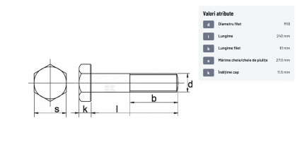 93118240 Șurub cap hexagonal filet parțial DIN931 M18x2,5x240mm filet 61mm oțel zincat grupa 8.8 Kramp