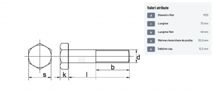 9312075 Șurub cap hexagonal filet parțial DIN931 M20x2,5x75mm filet 46mm oțel zincat grupa 8.8 Kramp