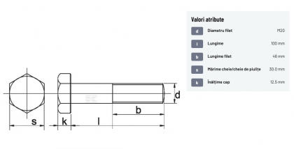 93120100 Șurub cap hexagonal filet parțial DIN931 M20x2,5x100mm filet 46mm oțel zincat grupa 8.8 Kramp