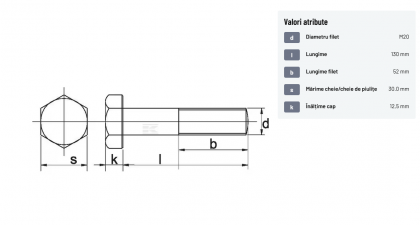 93120130 Șurub cap hexagonal filet parțial DIN931 M20x2,5x130mm filet 52mm oțel zincat grupa 8.8 Kramp