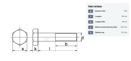 93120150 Șurub cap hexagonal filet parțial DIN931 M20x2,5x150mm filet 52mm oțel zincat grupa 8.8 Kramp