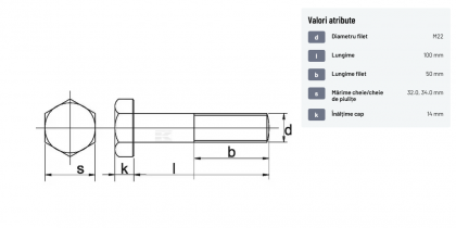 93122100 Șurub cap hexagonal filet parțial DIN931 M22x2,5x100mm filet 50mm oțel zincat grupa 8.8 Kramp