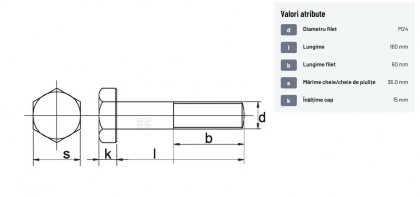 93124160 Șurub cap hexagonal filet parțial DIN931 M24x3x160mm filet 60mm oțel zincat grupa 8.8 Kramp