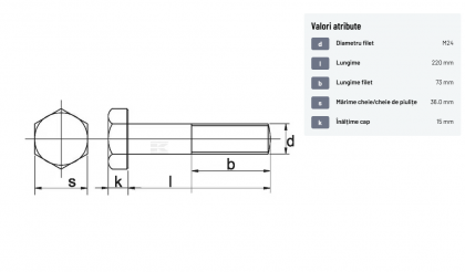 93124220 Șurub cap hexagonal filet parțial DIN931 M24x3x220mm filet 73mm oțel zincat grupa 8.8 Kramp